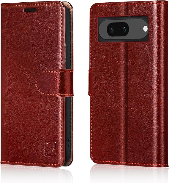 Belemay for Google Pixel 8 Case Wallet-Genuine Leather-RFID Blocking Card Holders-Shockproof TPU Shell, Kickstand, Magnetic Flip Folding Phone Cover Women Men Compatible with Google Pixel 8-Burgundy