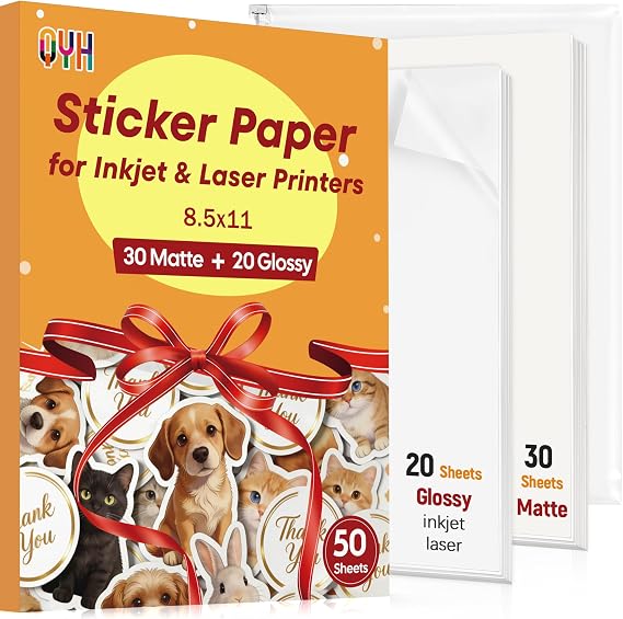 QYH Printable Vinyl Sticker Paper Combo, 50 Sheets (30 Matte+20 Glossy) | 8.5x11, Compatible with Cricut, Waterproof, Fast Dry Vivid Color Tear Resistant for Inkjet & Laser Printer, DIY Crafts