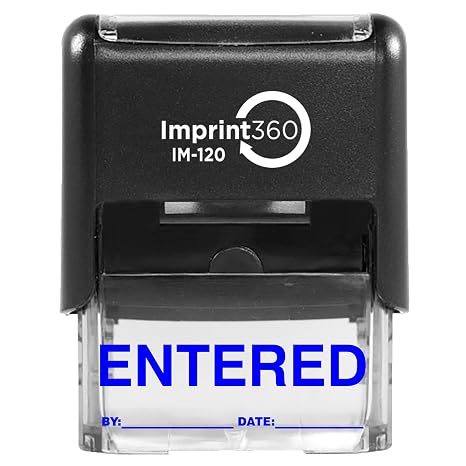 AS-IMP1100B - Entered Stamp with by: & Date:, Blue Ink, Heavy Duty Commerical Self-Inking Rubber Stamp, 9/16" x 1-1/2" Impression
