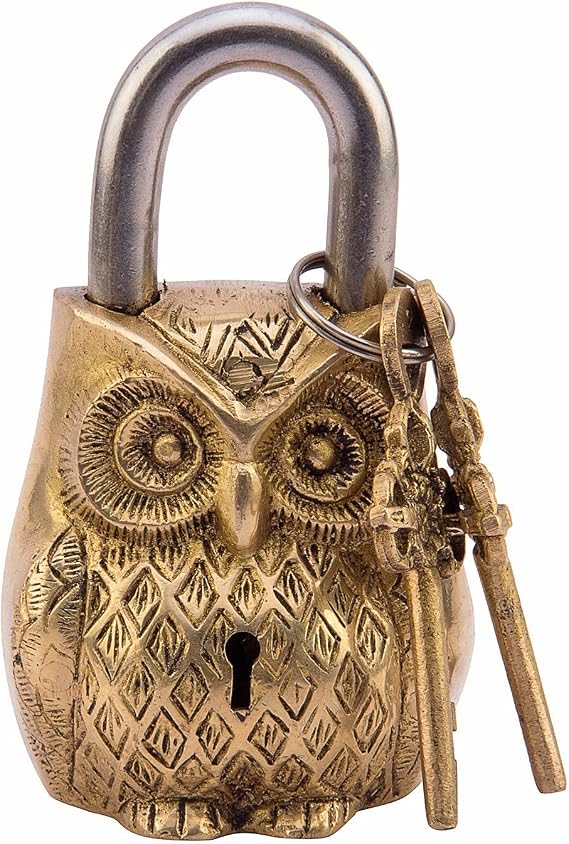 Brass Padlock - Lock with Keys - Working Functional - Brass Made - Type : (OWL - Brass Finish)