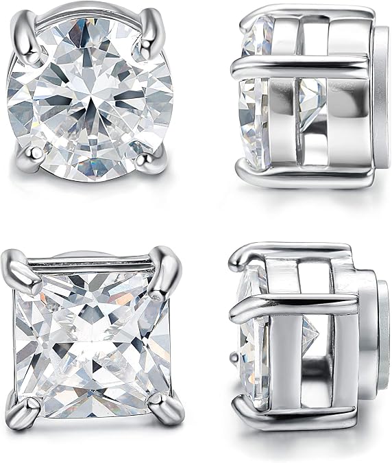 Jstyle 2 Pairs Magnetic Earrings for Men Women 5-8MM CZ Clip On Earrings | Hypoallergenic Stainless Steel Earrings for Sensitive Ears Non-Pierced Earrings Round Square Cubic Zirconia Stud Earrings