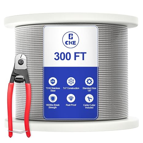 CKE 300FT 1/8" Stainless Steel Cable Railing System Hardware, T316 Stainless Steel Wire Rope Cable for Deck Cable Railing Kits, 7x7 Strands Construction Aircraft Cable Wire Rope, DIY Balustrades CW600