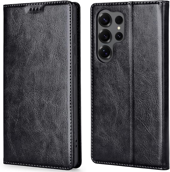 Samsung Galaxy S24 Ultraウォレットケース、本革フリップフォリオカバー、RFIDブロッキングカードホルダー&キックスタンド付き、耐衝撃TPUインナーシェルSamsung Galaxy S24 Ultra用、ブラック