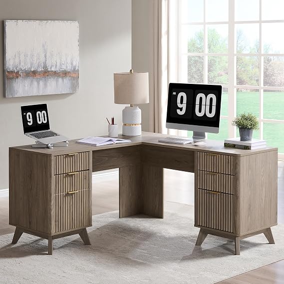 T4TREAM 60-Inch Modern Fluted L-Shaped Executive Desk, Alder Grey