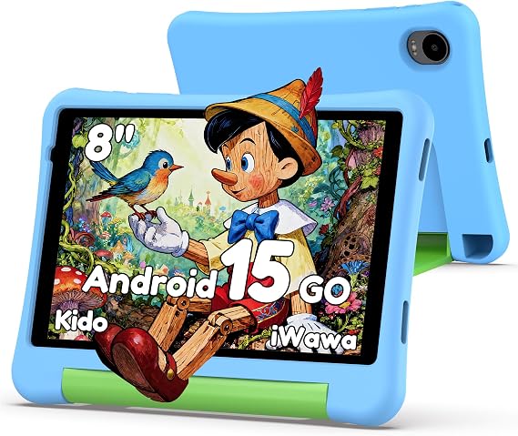 Kids Tablet 8 inch with Case, Android 15 Go Tablet for Kids Ages 3-12, Blue