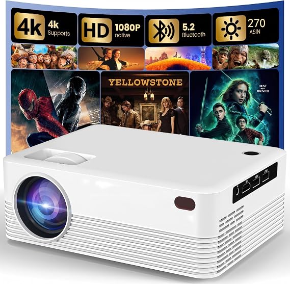 Mini Projector with WiFi and Bluetooth, Native1080P Smart Projector Movie for Bedroom and Outdoor Home Theater (White)