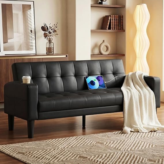 ROCSUMOO 2 Seater Sofa 157cm Comfy Loveseat Leather Sofa with 2 USB 2 Cup Holder Upholstered Small Sofa for Living Room&Office, Black