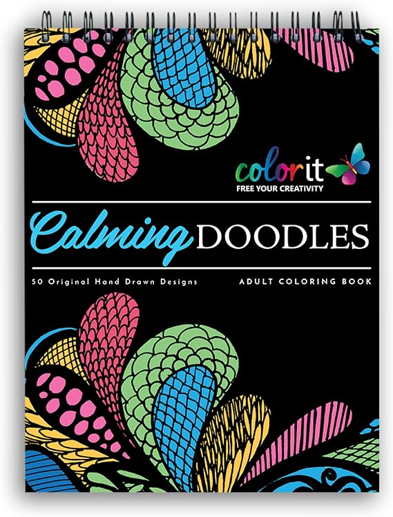 Calming Doodles Adult Coloring Book - Features 50 Original Hand Drawn Anti-Stress Zentangle Designs Printed on Artist Quality Paper with Hardback Covers, Top Spiral Binding, Perforated Pages, and Bonus Blotter by ColorIt