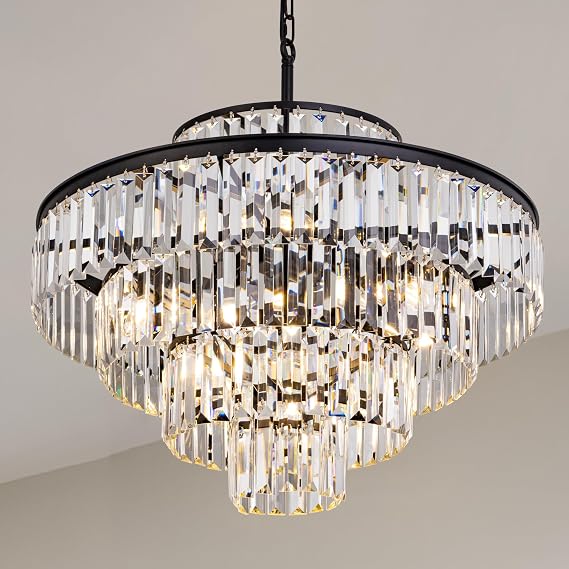 Wellmet Crystal Chandelier, Modern Vintage Pendant Light, 5-Tier Black Luxury Crystal Chandelier for Living Room, Dining Room, Entryway, Hallway, Corridor, Bedroom, 24''