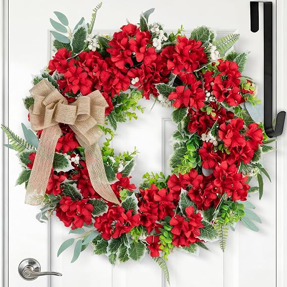 NUPTIO Geranium Wreath for Front Door: Summer Red Wreaths, 24 Inch