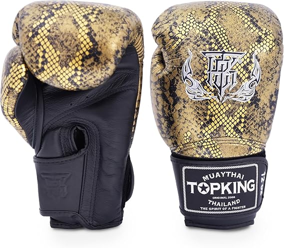 Top King Boxing Muay Thai Training Gloves (Snake - Black/Gold, 10 oz)