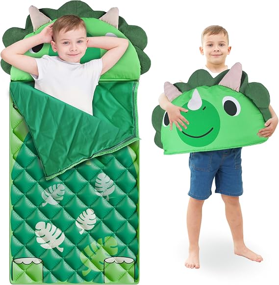 iPlay, iLearn Kid Sleeping Bag, Dinosaur Slumber Sack, Toddler Boy Nap Mat | 2 in 1 Green Dinos Cushion Pillow Blanket, Happy Travel Sleepover Daycare Preschool Birthday Gift for 3 4 5 6 Years Old Child