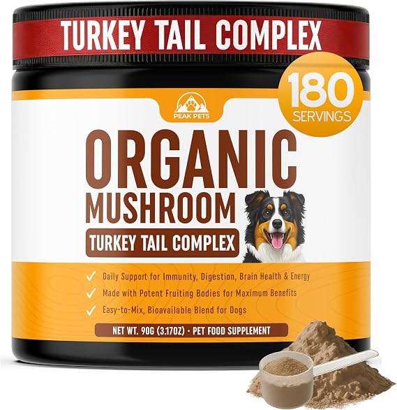 Turkey Tail Mushroom for Dogs Supplement Powder (90g) Organic Mushroom Complex with Lion's Mane for Dogs - Immune Support, Brain Health and Digestion - Third Party Tested, Non-GMO and Made in USA