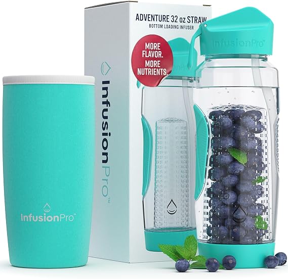 Infusion Pro 32 oz Fruit Infuser Water Bottle with Straw Lid : Insulated Sleeve : 50 Recipe Fruit Infusion eBook : Bottom Loading, Large Water Infuser for More Flavor : Unique Gift Idea