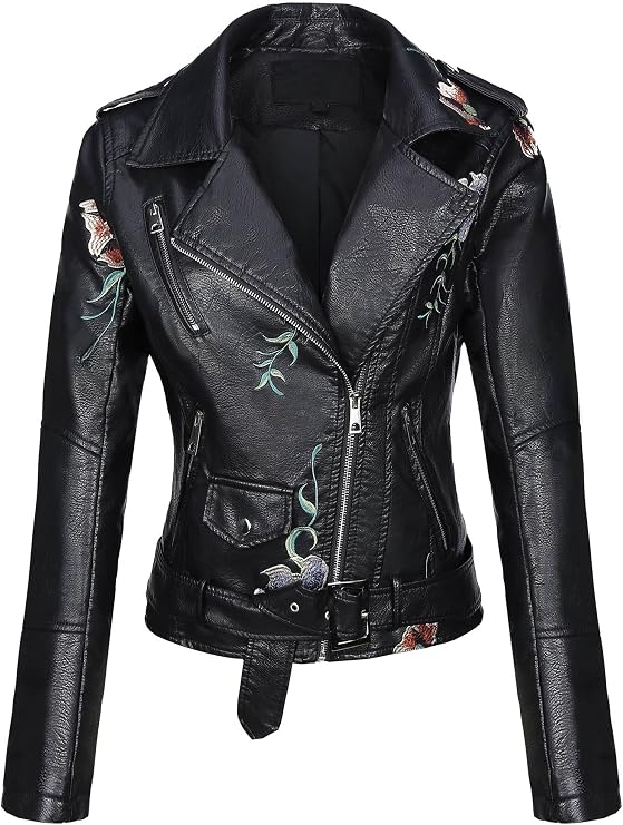 Bellivera Women's Faux Leather Jacket Floral Lightweight Moto Coat