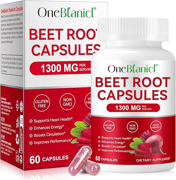 Beetroot Capsules, Beetroot Supplement 1300mg, Nitric Oxide Boost, Natural Beet Root Extract Rich in Vitamins & Minerals, Non-GMO, Vegan, Gluten-Free Raw Powder 60 Capsules