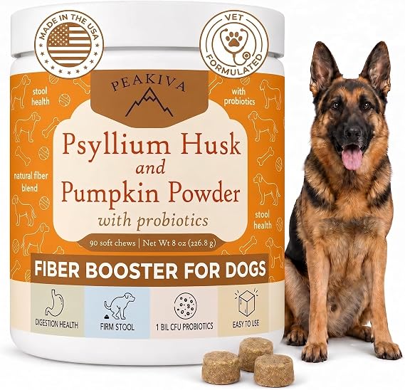 Fiber for Dogs with Psyllium Husk & Pumpkin Powder for Dogs, 3-in-1, 90Ct Soft Chews with Probiotic Blend for Diarrhea Relief, Stool Hardener, Anal Gland Support & Scooting