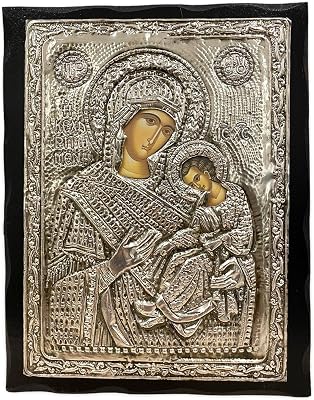 Mastic of Chios Handmade Byzantine Wood-Metallic Icon of Virgin Mary Full of Grace-Kecharitomene 9.4 X 7.5 in Solid Wood