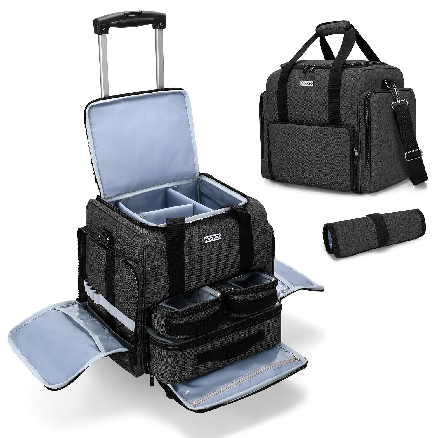 BAFASO Rolling Makeup Case with 3 Removable Pouches and 1 Makeup Brush Bag, Professional Makeup Train Case Cosmetic Bag with Detachable Dolly Patented, Black