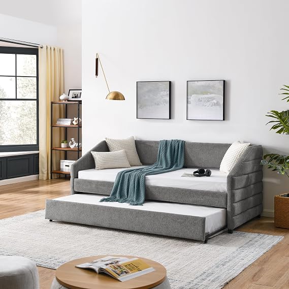 Favfurish Twin Size Upholstered Daybed with Trundle, Solid Wooden Sofa Bedframe w/Pull Out Bed and Tufted Decorate, No Box Spring Needed, for Bedroom,Guest Room,Grey
