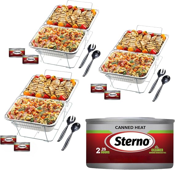 Sterno Disposable Chafing Dish Buffet, Set of 3 Full-Size Chafing Dishes for Buffet, 6 Sterno Fuel Cans (2.25hr), 6 Food Pans, 3 Water Trays, and Serving Utensils for Parties & Catering