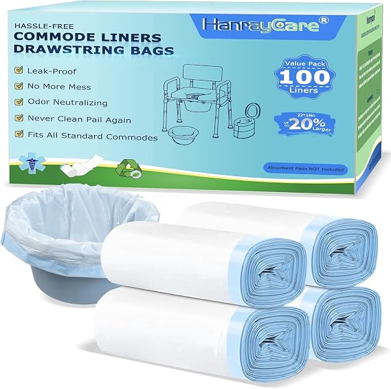 Commode Liners, Leak-Proof Bags for Commode Chairs and Bedside Toilets, 100 Count