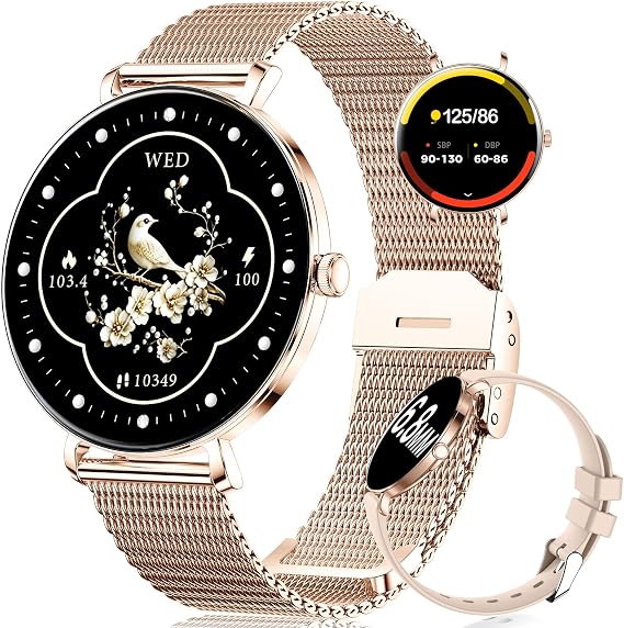 LIGE Fashion Smart Watch for Women, 1.43" AMOLED Screen, Answer/Make Calls Smartwatch for iOS Android, 120+ Sport Modes, Heart Rate Sleep Tracking, IP68 Waterproof, 2 Bands, Gifts for Women, Gold