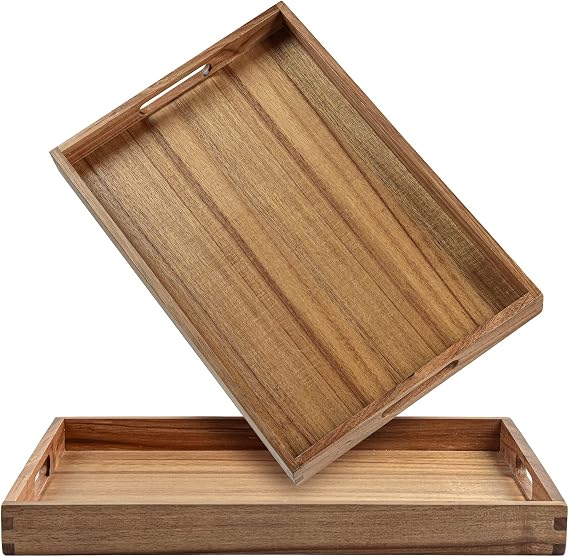 KITEISCAT 17-Inch Acacia Wood Serving Trays with Handles, Set of 2 Decorative Wooden Trays for Coffee Table, Ottoman, Living Room, Breakfast & Appetizers Sturdy & Elegant Serving Platters