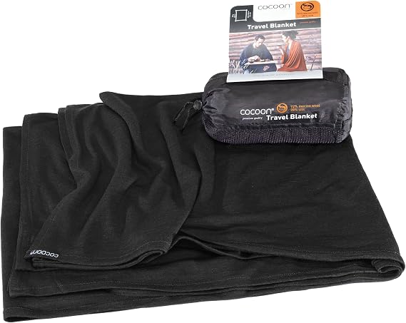 COCOON - Travel Merino Wool/Silk Blanket - Cozy, Soft, Warm, Lightweight, Temperature Regulation (Regular 70" x 55" - Black)