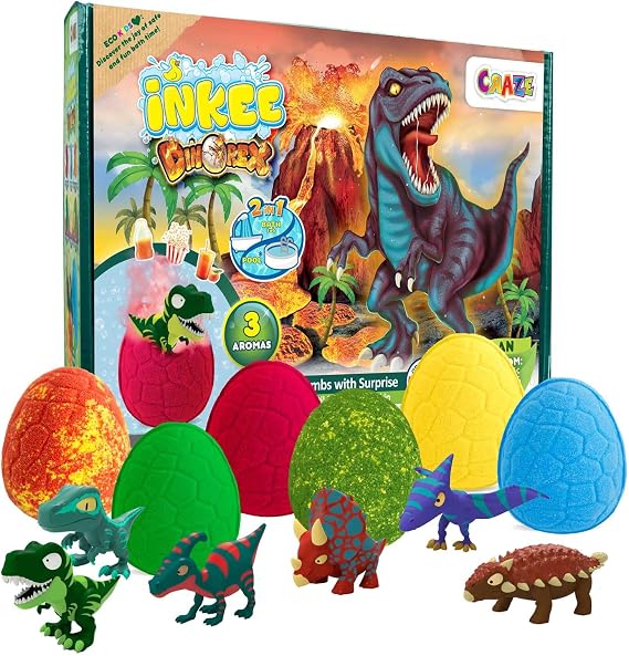 INKEE DINO Gift Box with 6 Children's Bath Bombs Contains 6 Different Dinosaur Toys to Collect - 6 x Bath Bombs Children with Surprise
