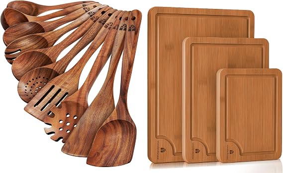 Wooden Spoons for Cooking 10 Pcs, Wooden Cutting Boards for Kitchen 3 pcs - Utensil Set for Nonstick Pans & Cookware, Perfect Boards for Chopping, Serving and Food Prep