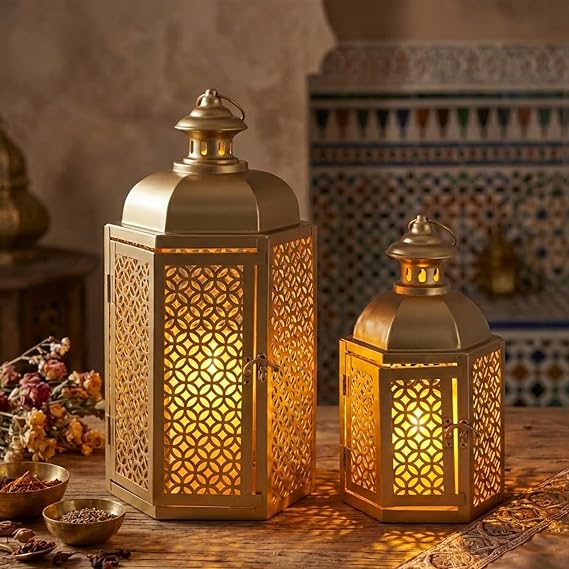 JHY DESIGN Set of 2 Vintage Lanterns 38cm and 28cm Height Moroccan Decorative Candle Lanterns for Ramadan Garden Porch Shelf Indoor Outdoor Parties Weddings Events Gold