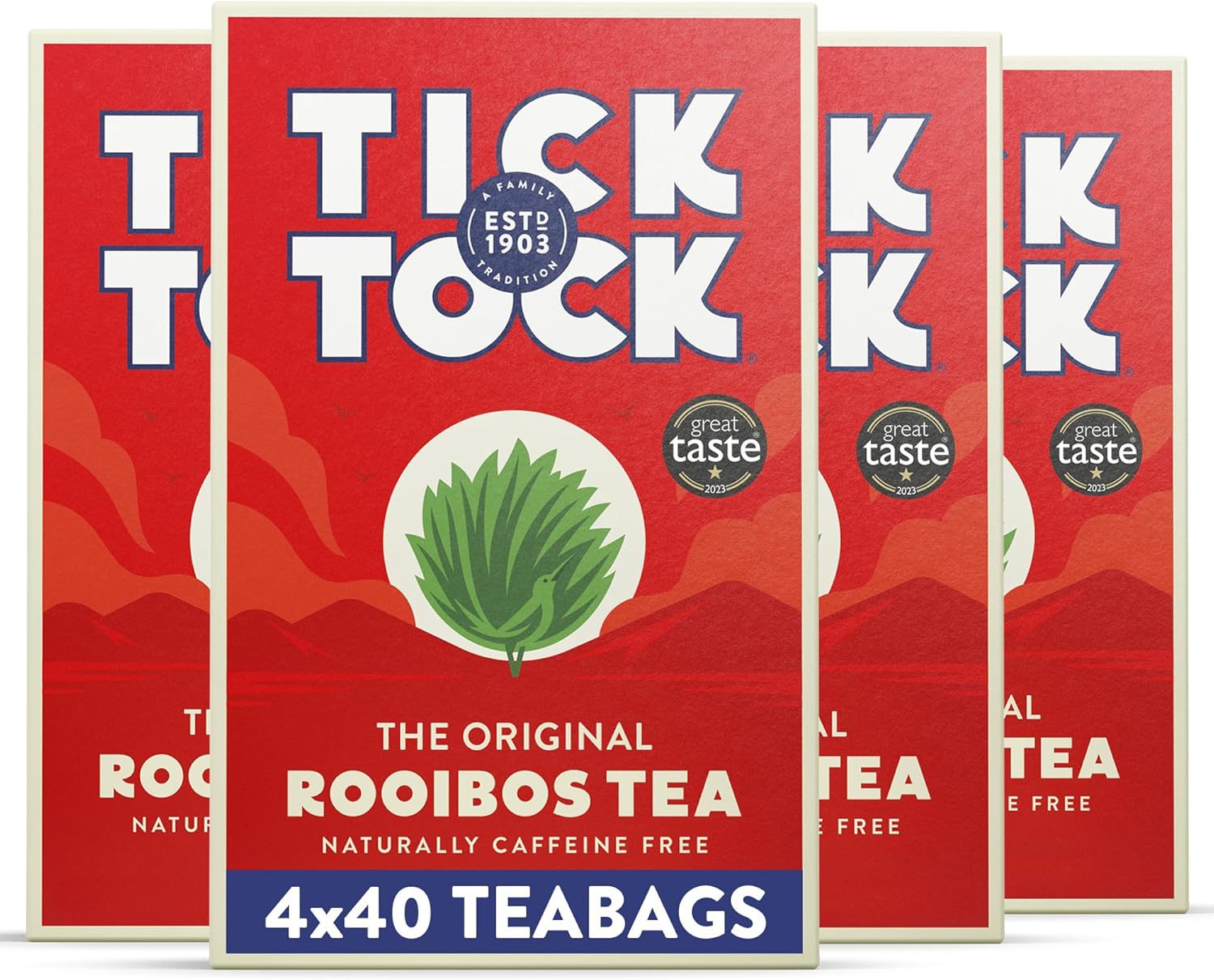 Tick Tock Rooibos Teabags, Caffeine-Free Tea, Pack of 4 x 40 Tea Bags 160 Teabags, Naturally Sweet Herbal Tea, Biodegradable, Rooibos UK, Redbush Tea Bags- 4 Pack