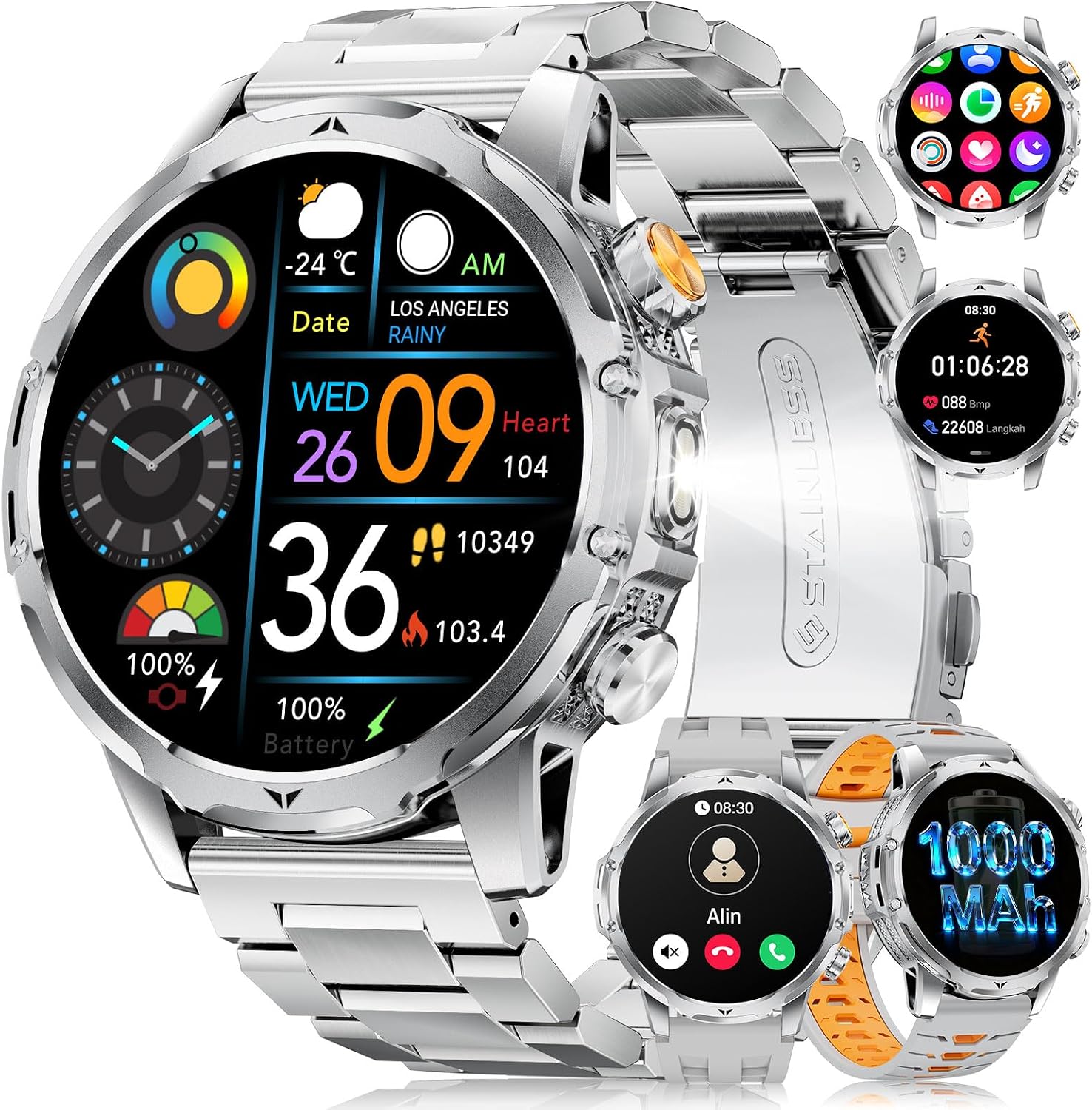 Smartwatch Herren mit 1000 mAh Akku/LED Taschenlampen 1.53 HD Militär Smart Watch mit Telefonfunktion für Android iOS 120+ Sportmodi/Schlafmonitor/IP68 Sportuhr 3 Armbänder Silber