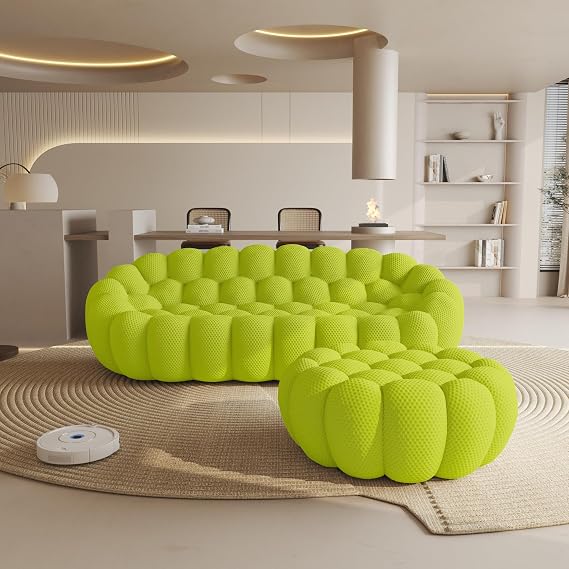 WJShome Modular Sectional Sofa,Bubble Couch Set,Comfy Curved Couch 3 Seater+Ottoman,Modern Upholstered Bean Bag Sofa Mesh Fabric Lazy Floor Chair Living Roon Sets (Lemon Green)