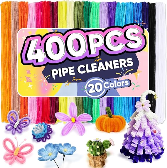 400 PCS Pipe Cleaners Bulk, 20 Colors Creative Chenille Stems Pipe Cleaners Craft, Pipe Cleaners for Crafts, Flowers, Art Projects, DIY Room Decor,Christmas Decorations