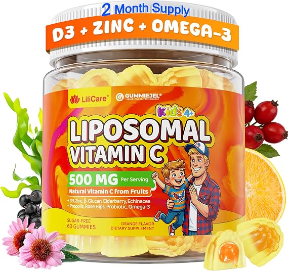Liposomal Vitamin C 500mg 1000mg Gummies for Kids 4& Adults, with Omega-3, Elderberry, Propolis, Zinc, D3, Kids Immune Support, Antioxidant, Growth & Development, Chewable Natural Vit C, Sugar Free