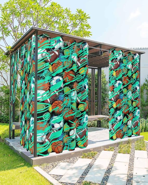Outdoor Curtains for Patio, Sports Theme Waterproof Blackout Curtain for Porch/Pergola/Gazebo, Funny Abstract Football Rugby Basketball Thermal Insulated Drapes for Cabana, 1 Panel, 54 x 84 Inch