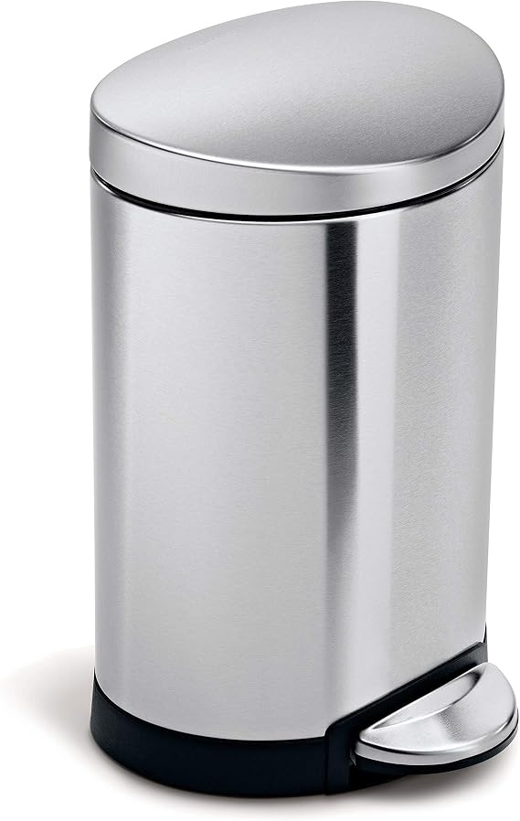 Simplehuman CW1834 Trash Can, 1.3 gal 6 L, Semi Round, Step Can, Soft Close, Silent, Lid Included, Pedal, Stainless Steel, Brushed Stainless Steel