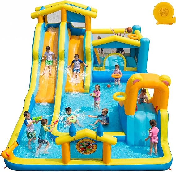 19.2FT Giant Inflatable Water Dual Slide for Kids Backyard,Blow Up Bounce House Water Park with 650W Blower,2 Slides,Climbing Wall,2 Splash Pool,Basketball Hoop,Water CannonDartboard Game