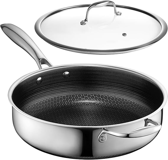 HexClad 3.3 Quart Hybrid Non-Stick Deep Saute Pan with Lid, Dishwasher, Oven Safe, Induction Safe for All Countertops