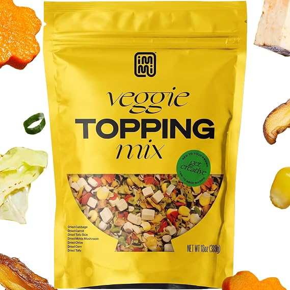 Immi Ramen Toppings Mix Dried Vegetables for Ramen, 13 oz, Carrots, Cabbage, Chives, Corn, Mushrooms, Tofu Cubes, Tofu Skin, Flavorful Vegetable Topping for Cup Noodles