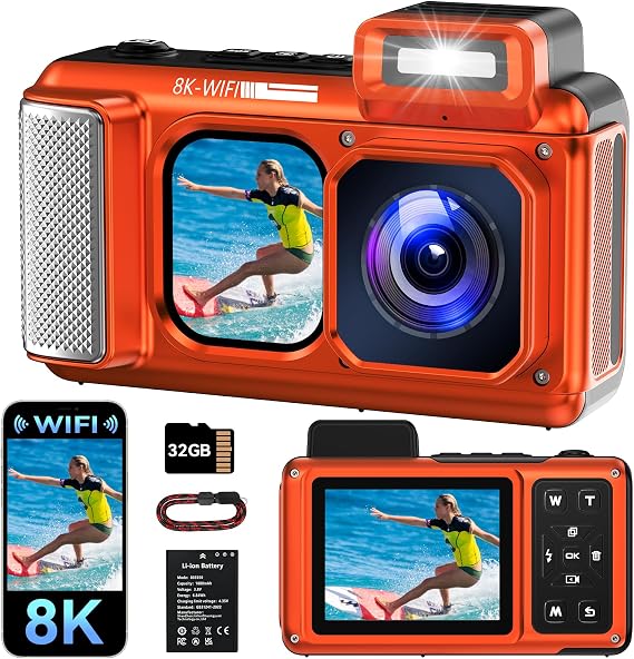 Maxmango V08 Pro 49FT Underwater Camera, 8K 90MP WiFi Waterproof Digital Camera with 2.88" Touchscreen, Dual Screens, Dustproof Shockproof Camera for Snorkeling Diving Travel, 32GB Card, Orange