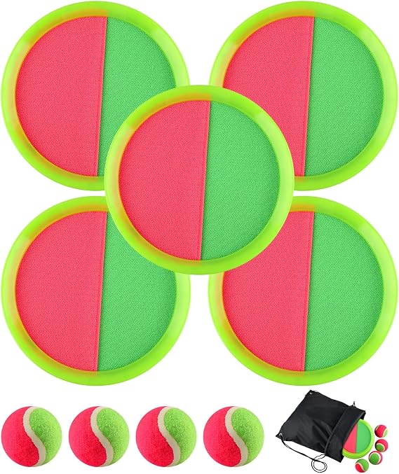 Toss and Catch Ball Game for Kids Adults Beach Outdoor Garden Yard Toys Set with 5 Paddles 4 Balls and 1 Storage Bag- Green
