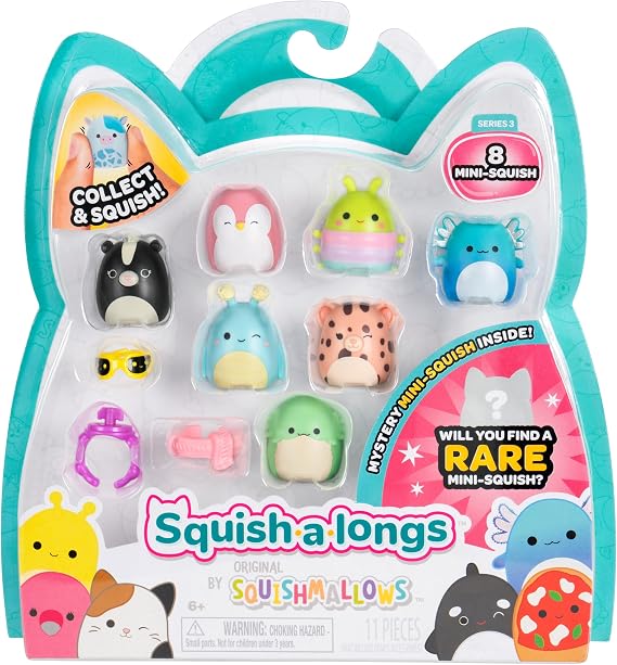 Squish-a-longs Mini-Squish 8'li Paket (Dalga 3, Stil 1) - Kokarca, Pembe Penguen, Mavi Axolotl, aksesuarlar ve daha fazlası