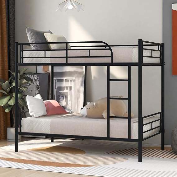 Kumix Steel Bunk Bed with Trundle, Twin Over Twin Metal Bunk Bed Frame Convertible Into 3 Platform Bed Frame Heavy Duty Sturdy Metal Bunk Beds Frame with Removable Ladder, Easy Assembly