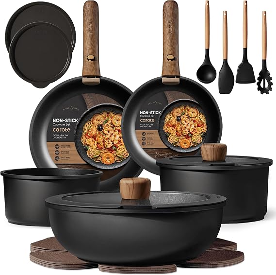 CAROTE 19pcs Pots and Pans Set Non Stick, Detachable Handle Cookware, Black