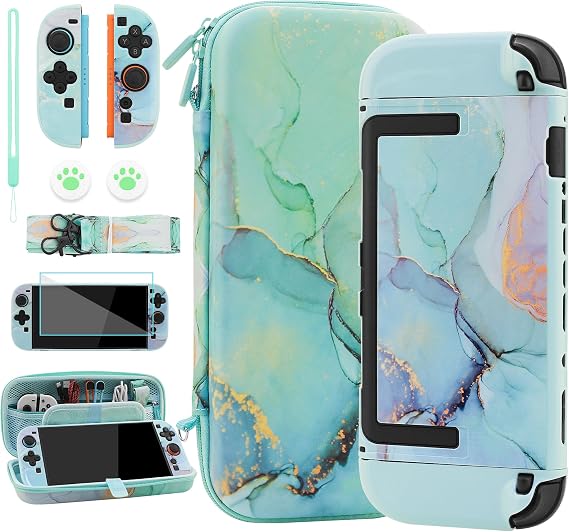 RHOTALL Green Carrying Bundle for Nintendo Switch 2 (2025), Shockproof Protective Hard Shell Cute Cover Case with Game Card Slots Accessories,Screen Protector,Shoulder Strap,2 Thumb Grips, Marble