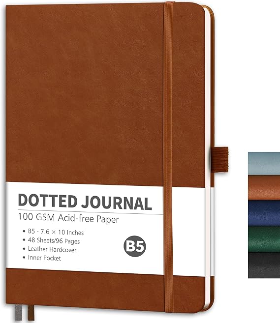 RETTACY Dotted Journal Notebook, 96 Pages, B5 Medium Size (7.6'' x 10'') | Leather Hardcover, 100 GSM Thick Paper, for Journaling, Planning, Tracking (Brown)