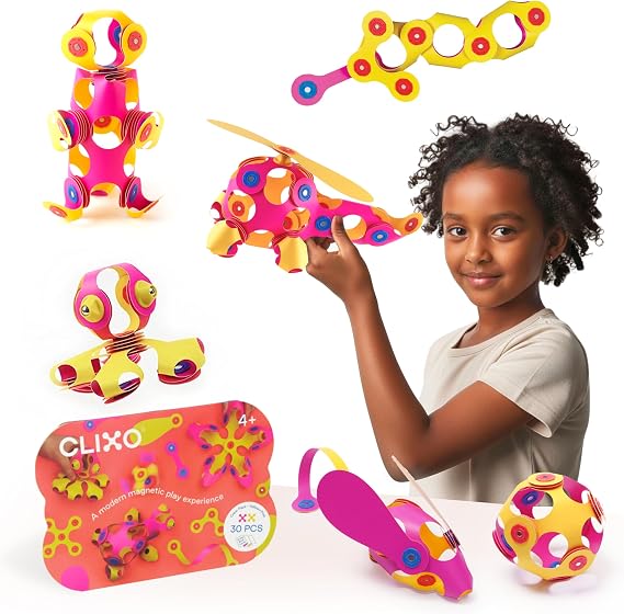 Clixo Crew, Travel Magnetic STEAM Building Toys (30 pc, 4+, Pink/Yellow)